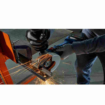 Bosch GWS18V-8N 18V 4 1/2 inch Angle Grinder with Slide Switch metal cutting on clamped on a table