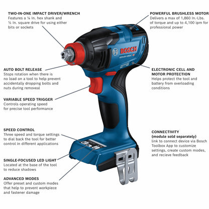 Bosch GDX18V-1860CN 18V 1/4 inch  and 1/2 inch Cordless Brushless Two-In-One Bit/Socket Impact Driver/Wrench (Tool Only) showing features of the impact driver/wrench