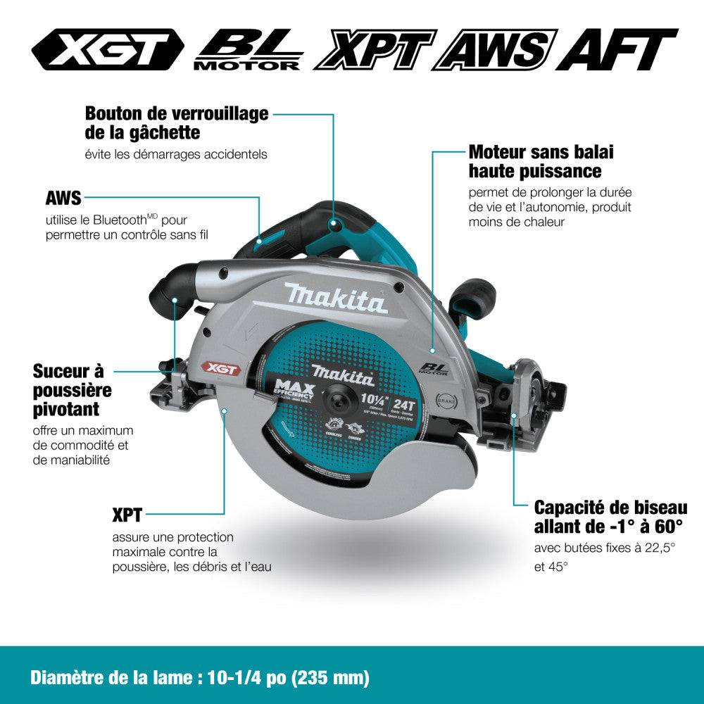 Makita HS011GZ 40V MAX XGT Brushless 10-1/4in Circular Saw feature overview in French