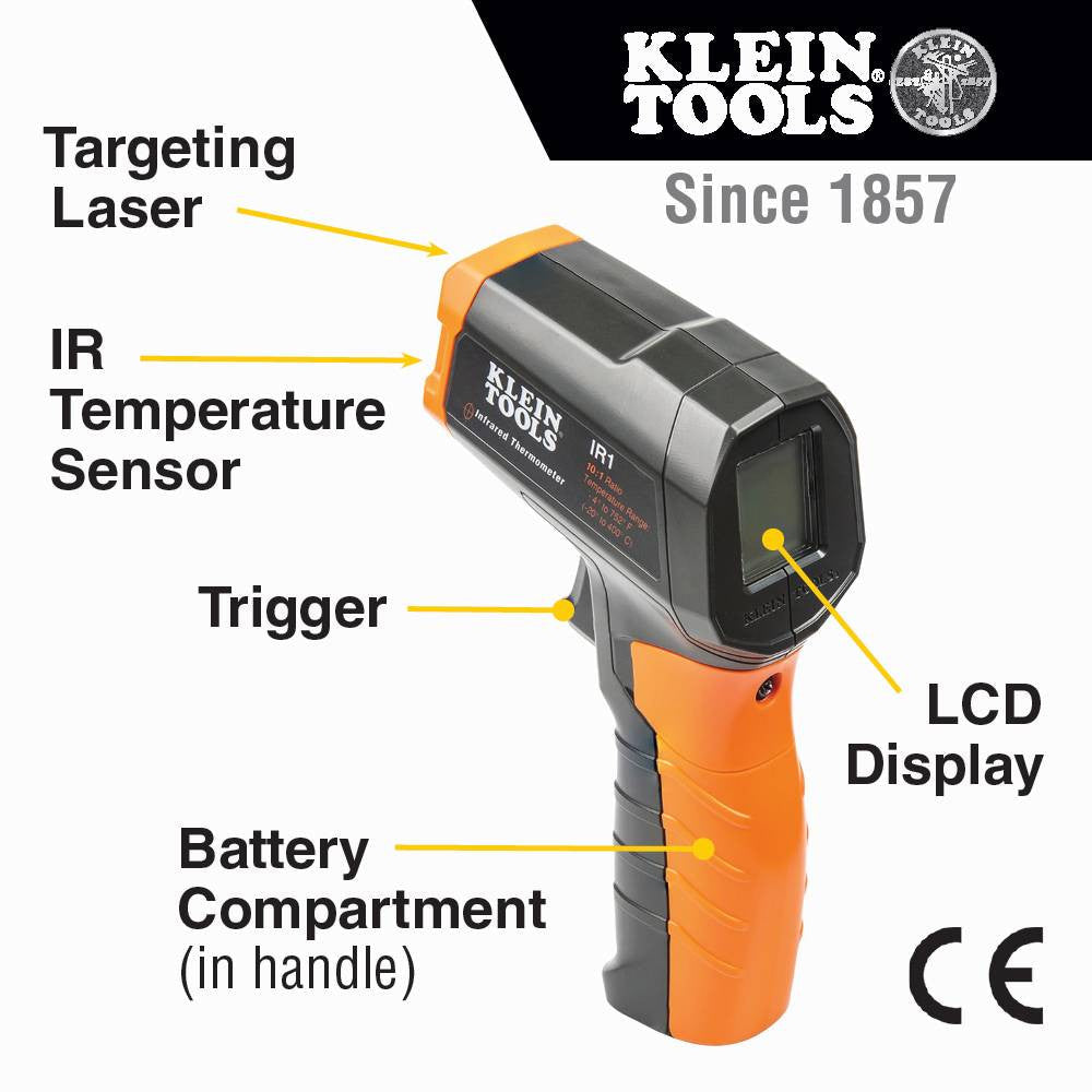 Klein Tools IR1 10:1 Infrared Digital Thermometer with Targeting Laser showing features