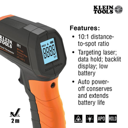 Klein Tools IR1 10:1 Infrared Digital Thermometer with Targeting Laser showing features