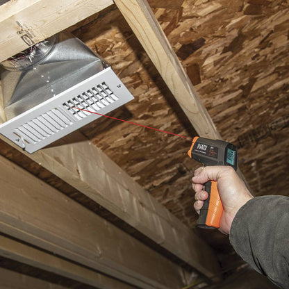 Klein Tools IR1 10:1 Infrared Digital Thermometer with Targeting Laser showing in use showing heat around air duct