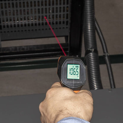 Klein Tools IR1 10:1 Infrared Digital Thermometer with Targeting Laser showing in use reading heat at vent of furnace