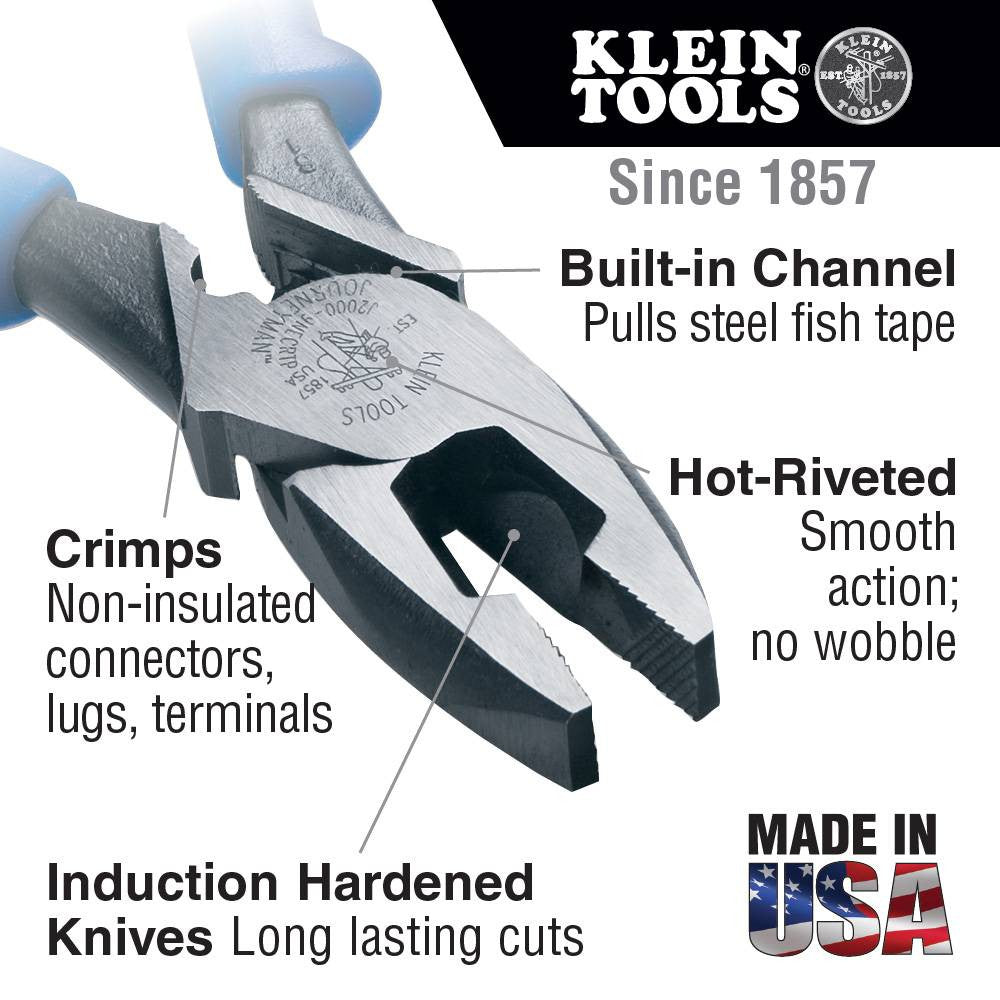 Klein Tools J2000-9NECRTP 2000 Series 9-1/2 inch Lineman's Side-Cutting Pliers showing features of the pliers