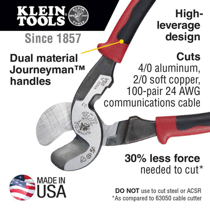 Klein Tools J63225N Journeyman High Leverage Cable Cutter with Stripping showing features