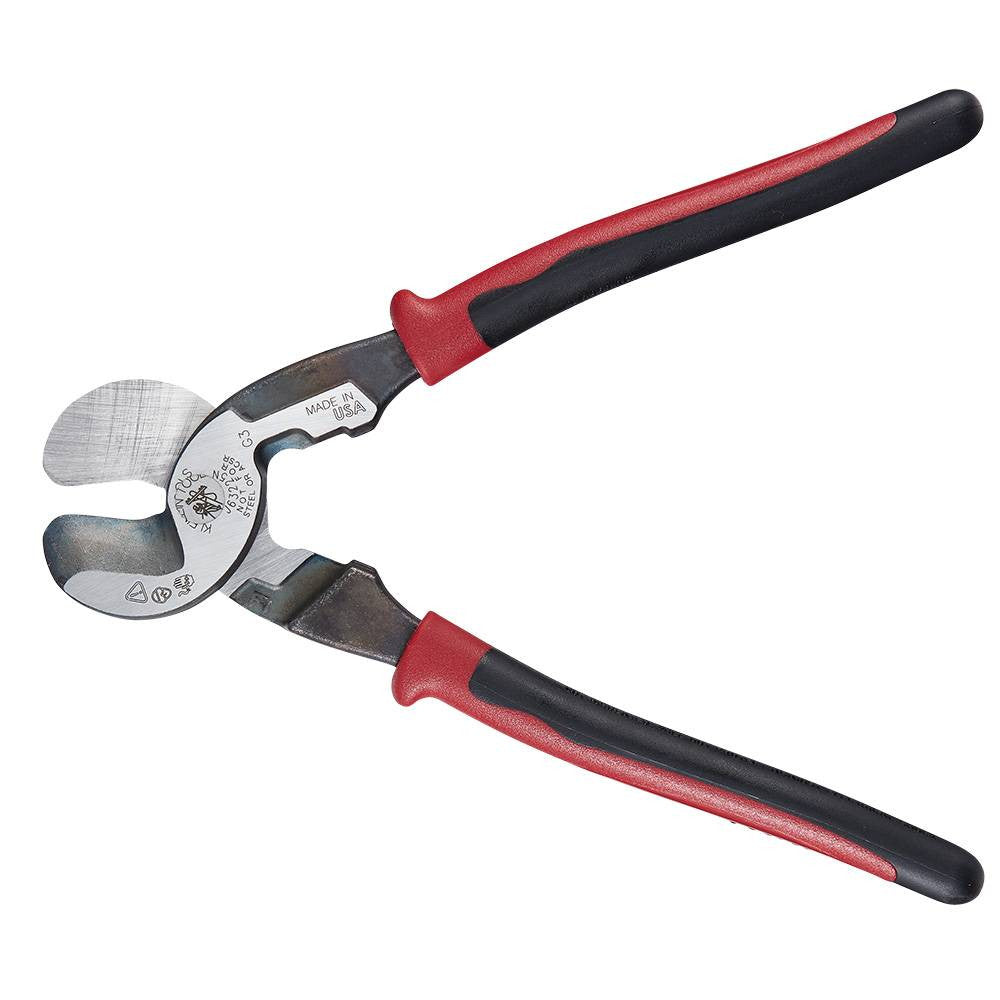 Klein Tools J63225N Journeyman High Leverage Cable Cutter with Stripping showing with jaws open