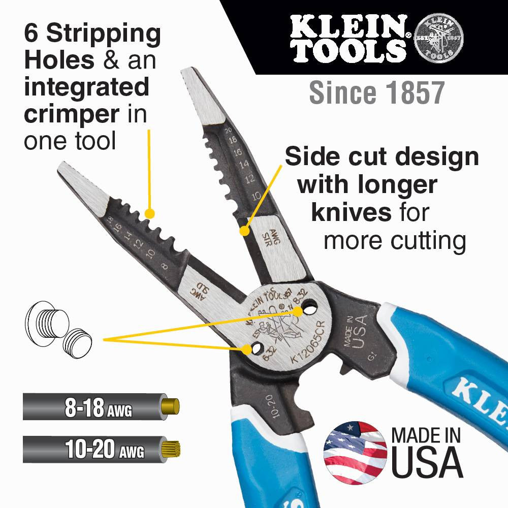 Klein Tools K12065CR Klein-Kurve Heavy-Duty Wire Stripper / Cutter / Crimper Multi Tool showing features