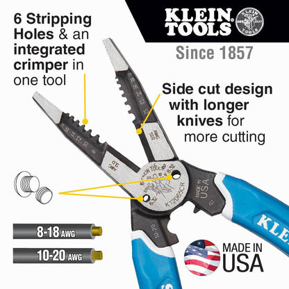 Klein Tools K12065CR Klein-Kurve Heavy-Duty Wire Stripper / Cutter / Crimper Multi Tool showing features