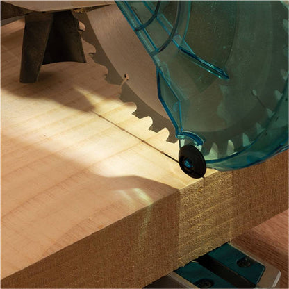 Makita LS0816F 8-1/2in 10.5 Amp Sliding Compound Mitre Saw with LED Cut Line showing in use aligning blade with cutting line with the LED cut line light
