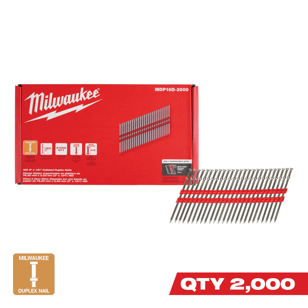 Milwaukee MDP16D-2000 3 Inch x .131 Inch Collated Duplex Nails - 2,000pk