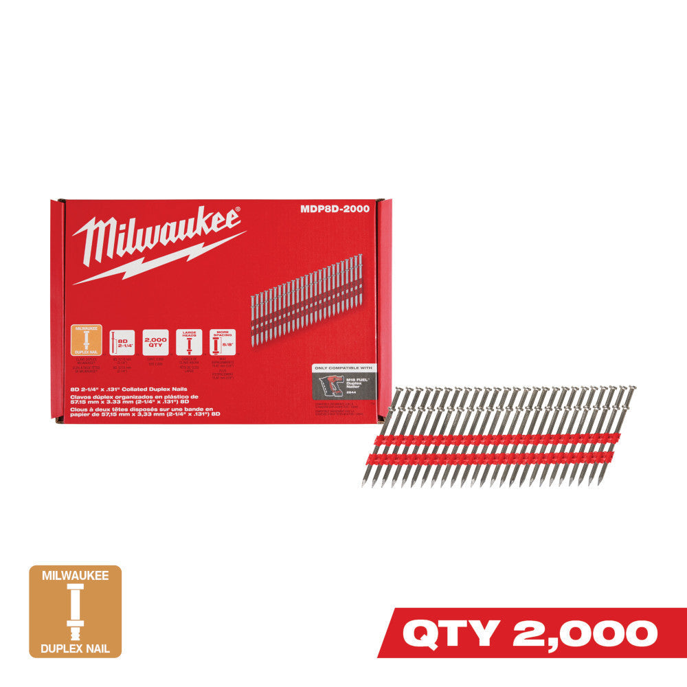Milwaukee MDP8D-2000 8D 2-1/4 Inch x .131 Inch Collated Duplex Nails - 2,000pk