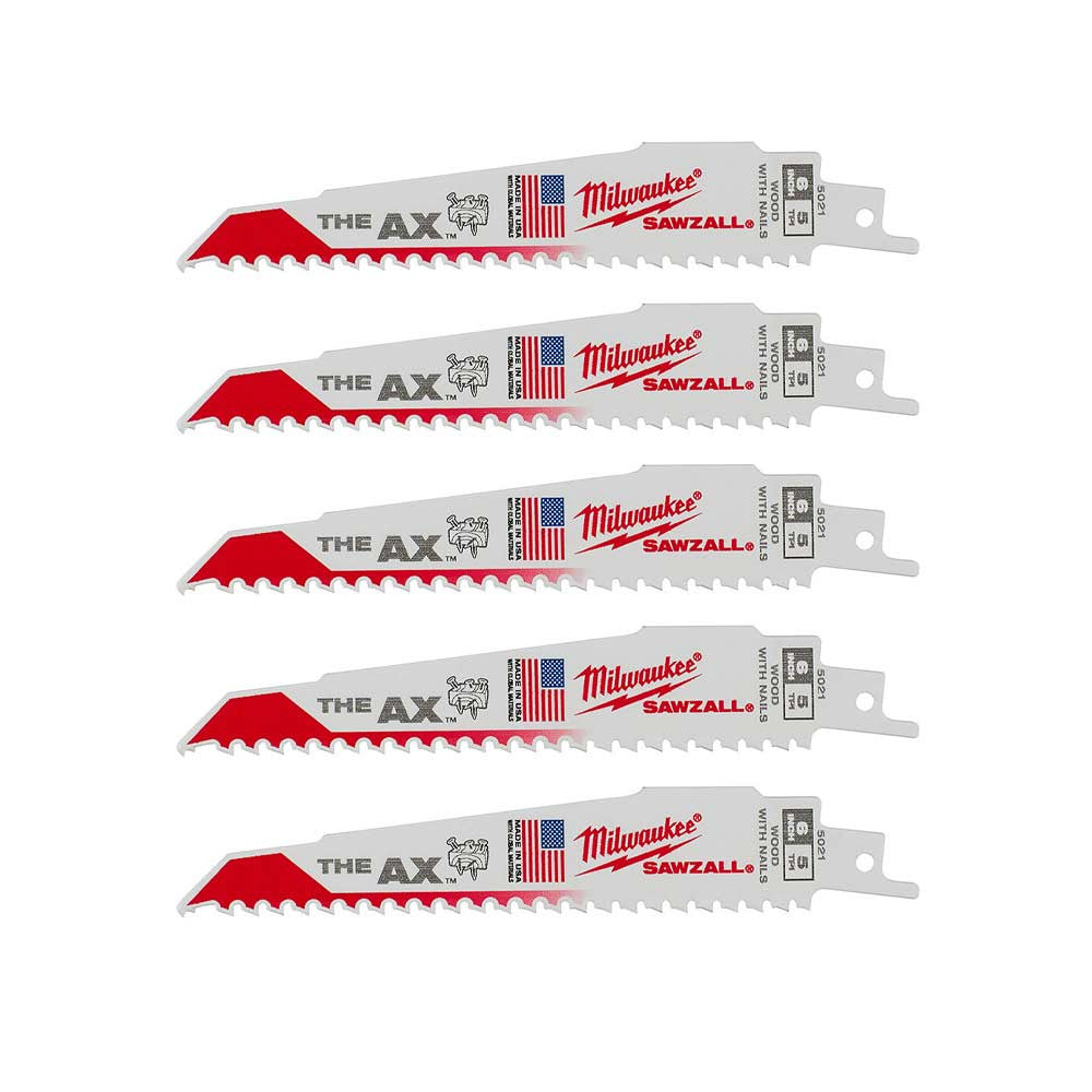 Milwaukee 48-00-5021 SAWZALL THE AX 6 inch 5 TPI Reciprocating Saw Blades - 5pk
