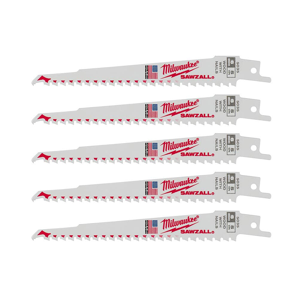 Milwaukee 48-00-5035 SAWZALL 6 inch 5 TPI Reciprocating Saw Blades with Nail Guard - 5pk