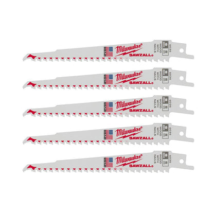 Milwaukee 48-00-5035 SAWZALL 6 inch 5 TPI Reciprocating Saw Blades with Nail Guard - 5pk