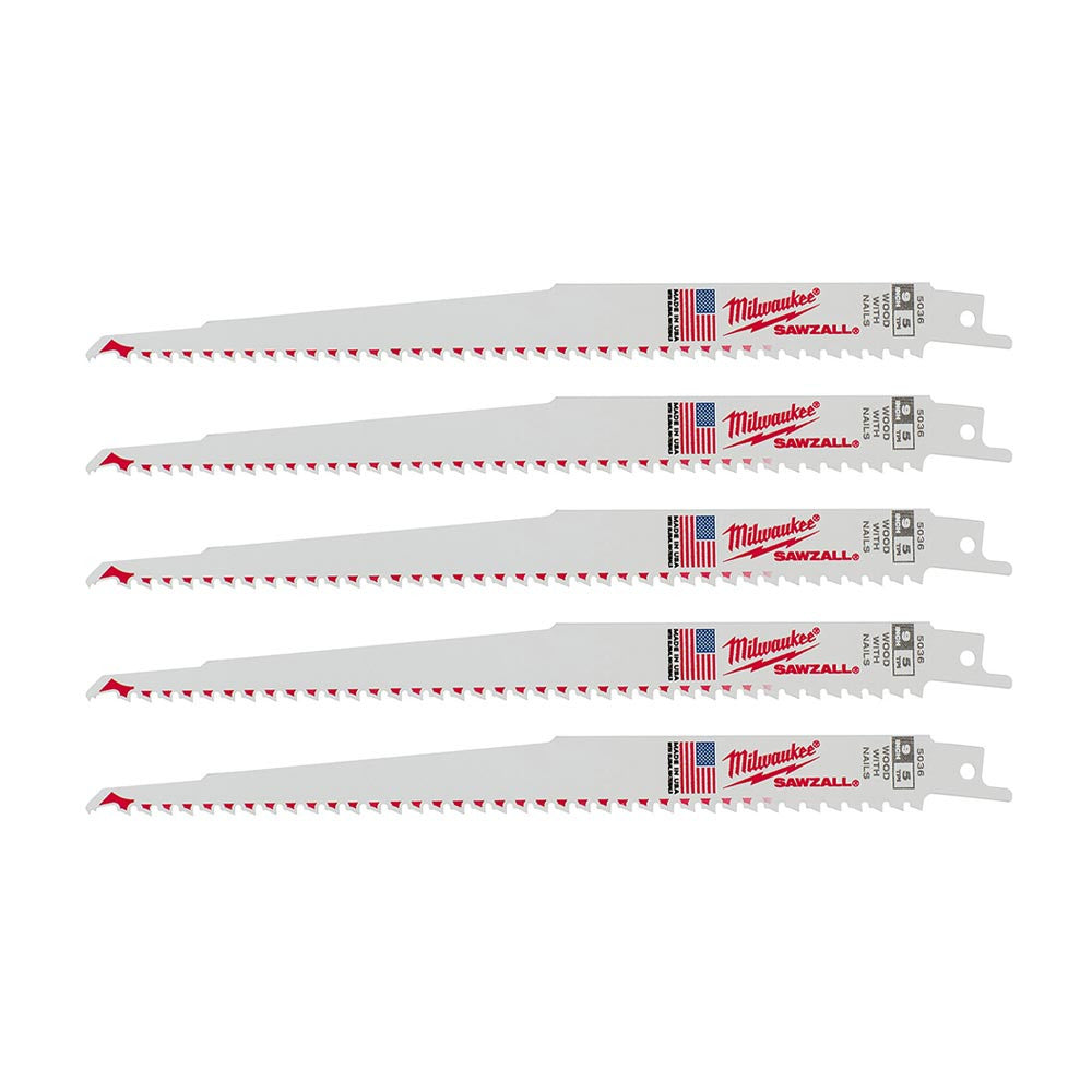 Milwaukee 48-00-5036 SAWZALL 9 inch 5 TPI Reciprocating Saw Blades with Nail Guard - 5pk