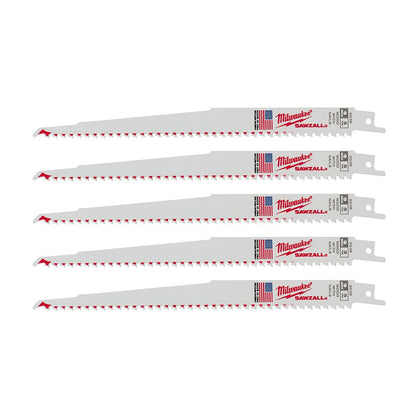 Milwaukee 48-00-5036 SAWZALL 9 inch 5 TPI Reciprocating Saw Blades with Nail Guard - 5pk