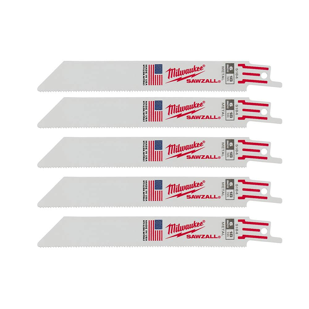 Milwaukee 48-00-5184 SAWZALL 6 inch 18 TPI Thin Kerf Reciprocating Saw Metal Cutting Blades - 5pk