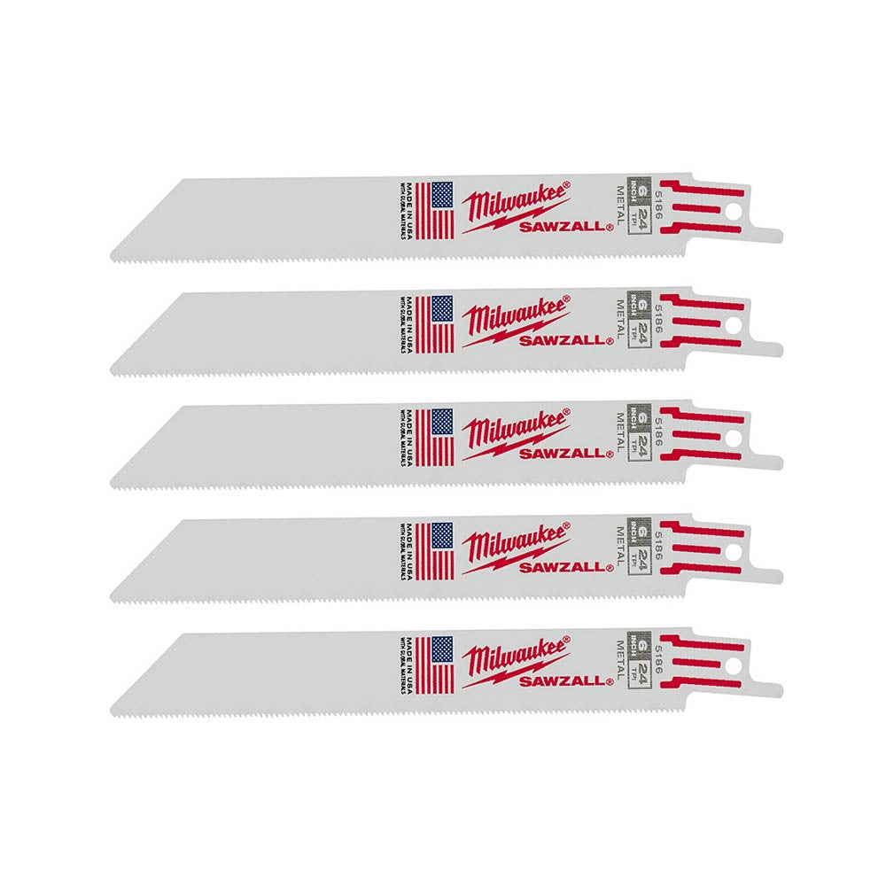 Milwaukee 48-00-5186 SAWZALL 6 inch 24 TPI Thin Kerf Reciprocating Saw Metal Cutting Blades - 5pk