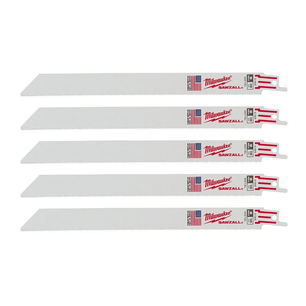 Milwaukee MF48-00-5188 SAWZALL 9 inch 18 TPI Thin Kerf Reciprocating Saw Metal Cutting Blades - 5pk