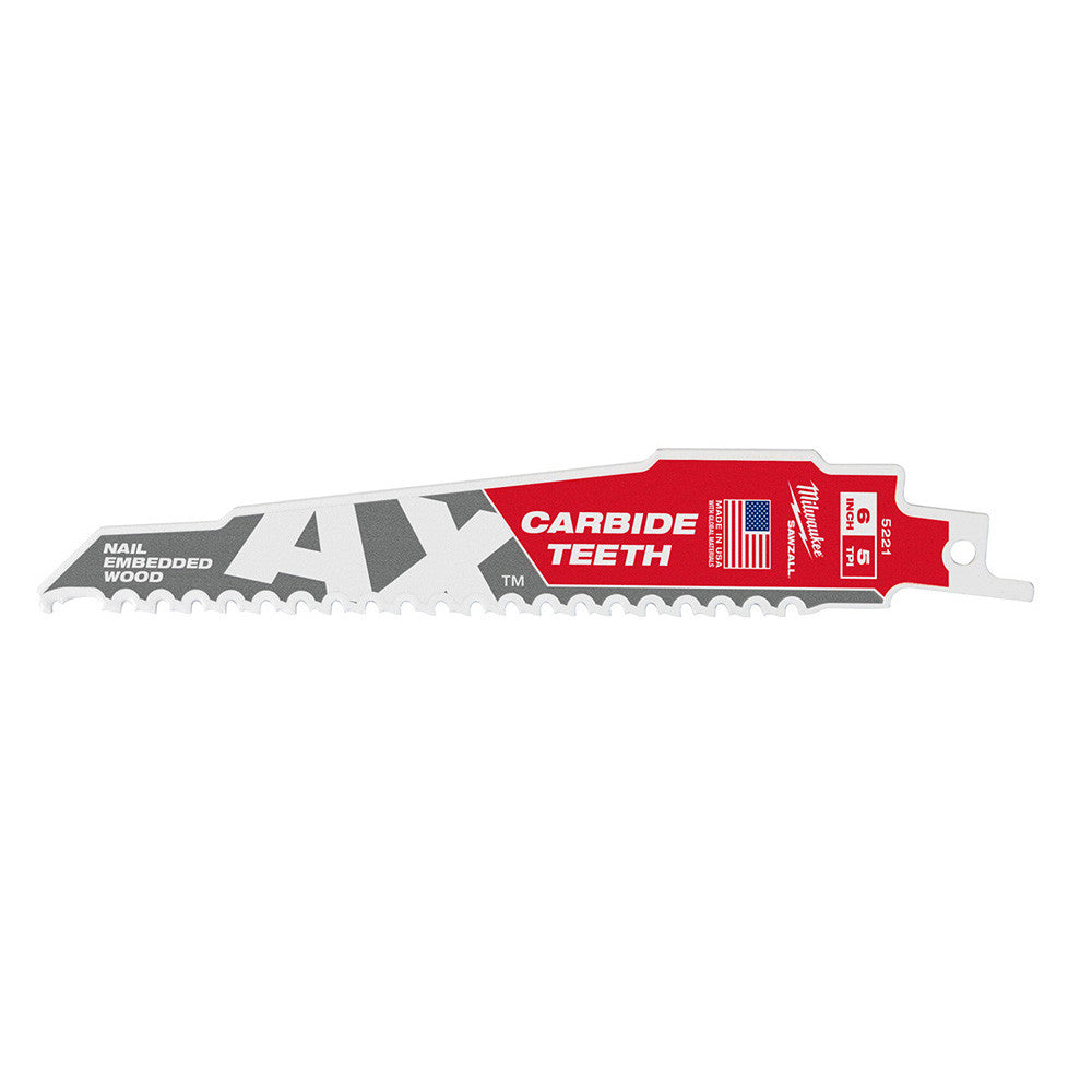 Milwaukee 48-00-5221 SAWZALL THE AX 6 inch 5 TPI Reciprocating Saw Blade with Carbide Teeth