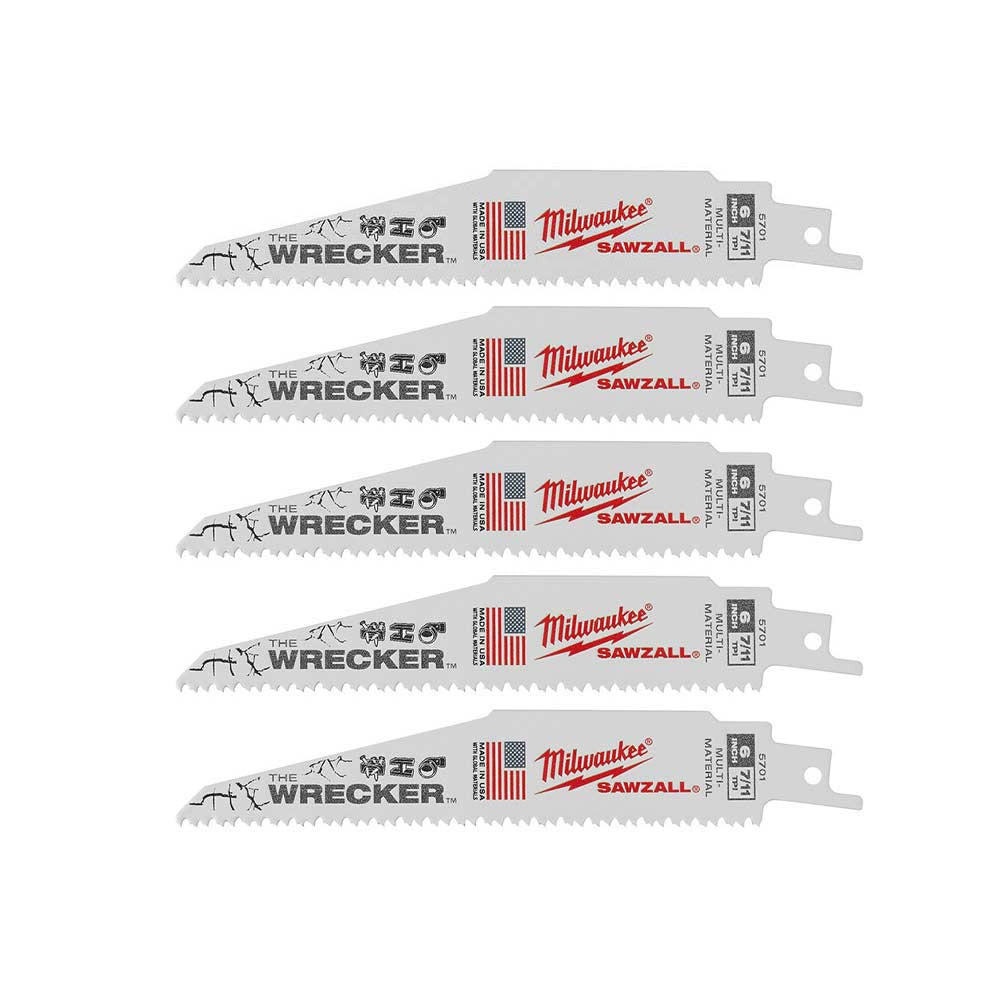 Milwaukee 48-00-5701 SAWZALL THE WRECKER 6 inch 7/11 TPI Reciprocating Saw Demolition Blades - 5pk