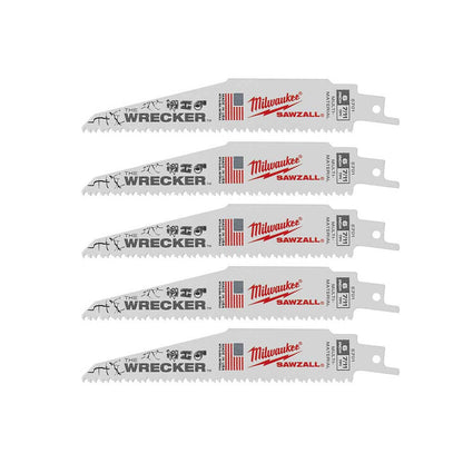 Milwaukee 48-00-5701 SAWZALL THE WRECKER 6 inch 7/11 TPI Reciprocating Saw Demolition Blades - 5pk