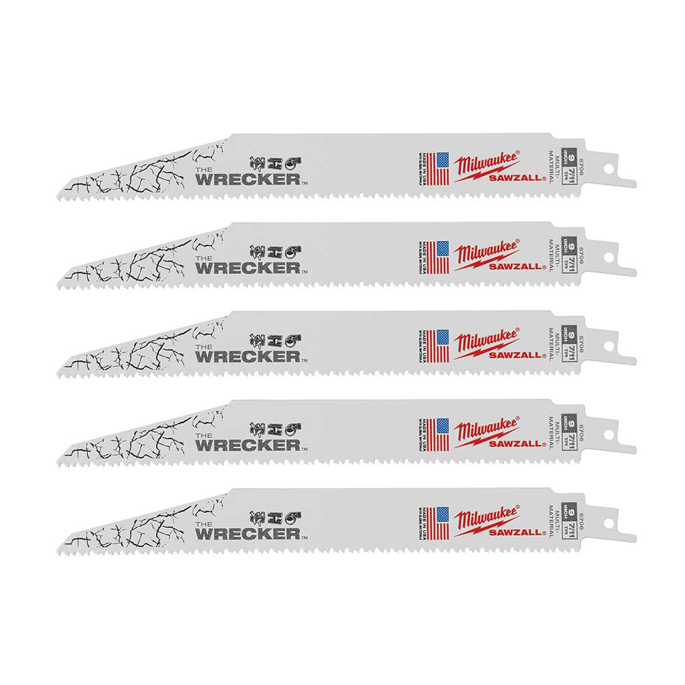 Milwaukee 48-00-5706 SAWZALL THE WRECKER 9 inch 7/11 TPI Reciprocating Saw Demolition Blades - 5pk
