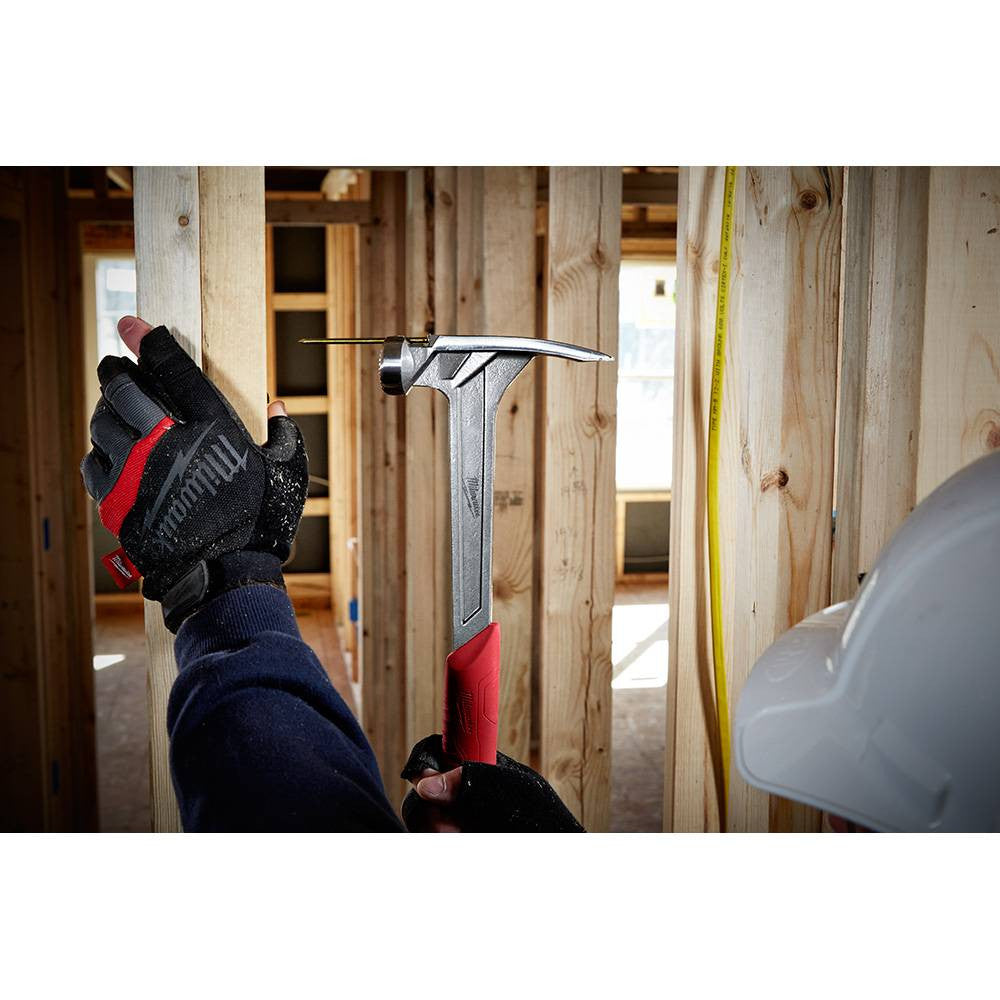 Milwaukee 48-22-9023 22oz Smooth Face Framing Hammer showing in use nail starter to drive nil into wood stud