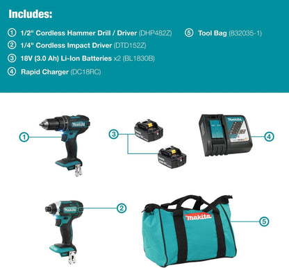 Makita DLX2131X5 18V LXT 2-Tool Cordless 1/2 Inch Hammer Drill  and 1/4 Inch Impact Driver Combo Kit