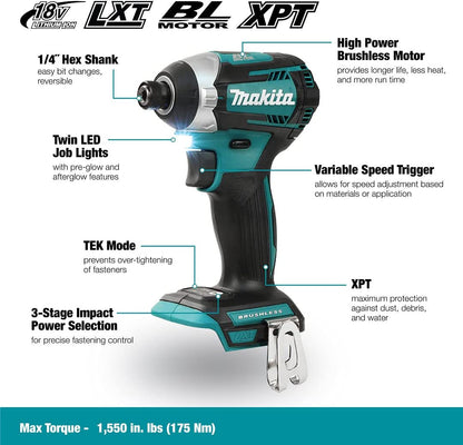 Makita DTD154Z 18V LXT Cordless Ultra-Compact 1/4 inch Impact Driver with Brushless Motor (Tool Only)