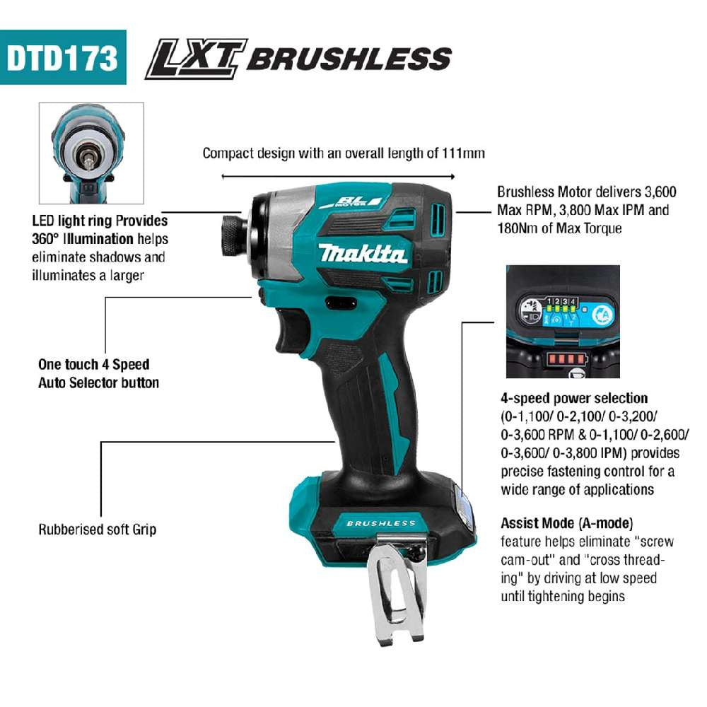 Makita DTD173Z 18V LXT Cordless Brushless 1/4 Inch Impact Driver (Tool Only)