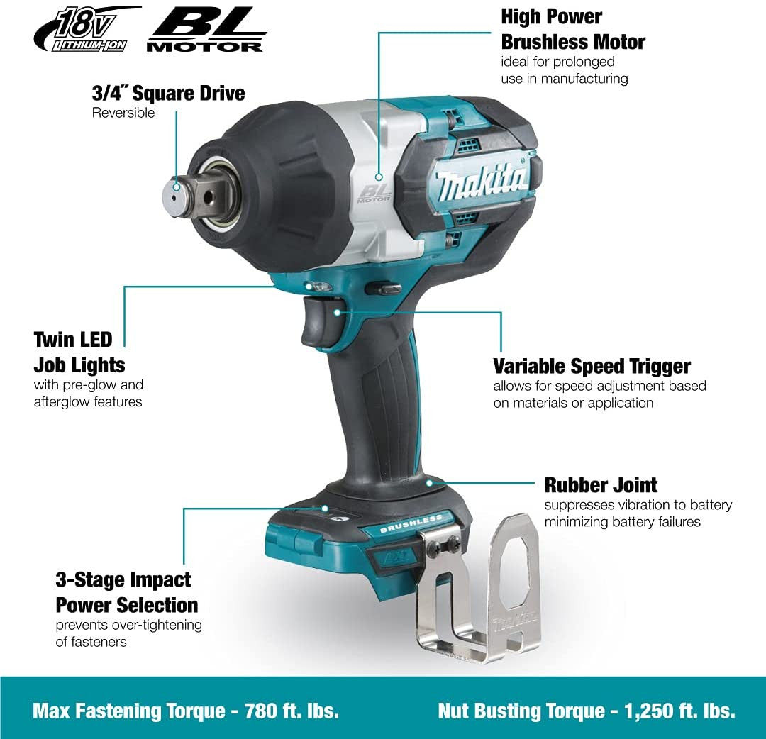 Makita DTW1001Z 18V LXT Cordless Brushless 3/4 inch High-Torque Impact Wrench (Tool Only)