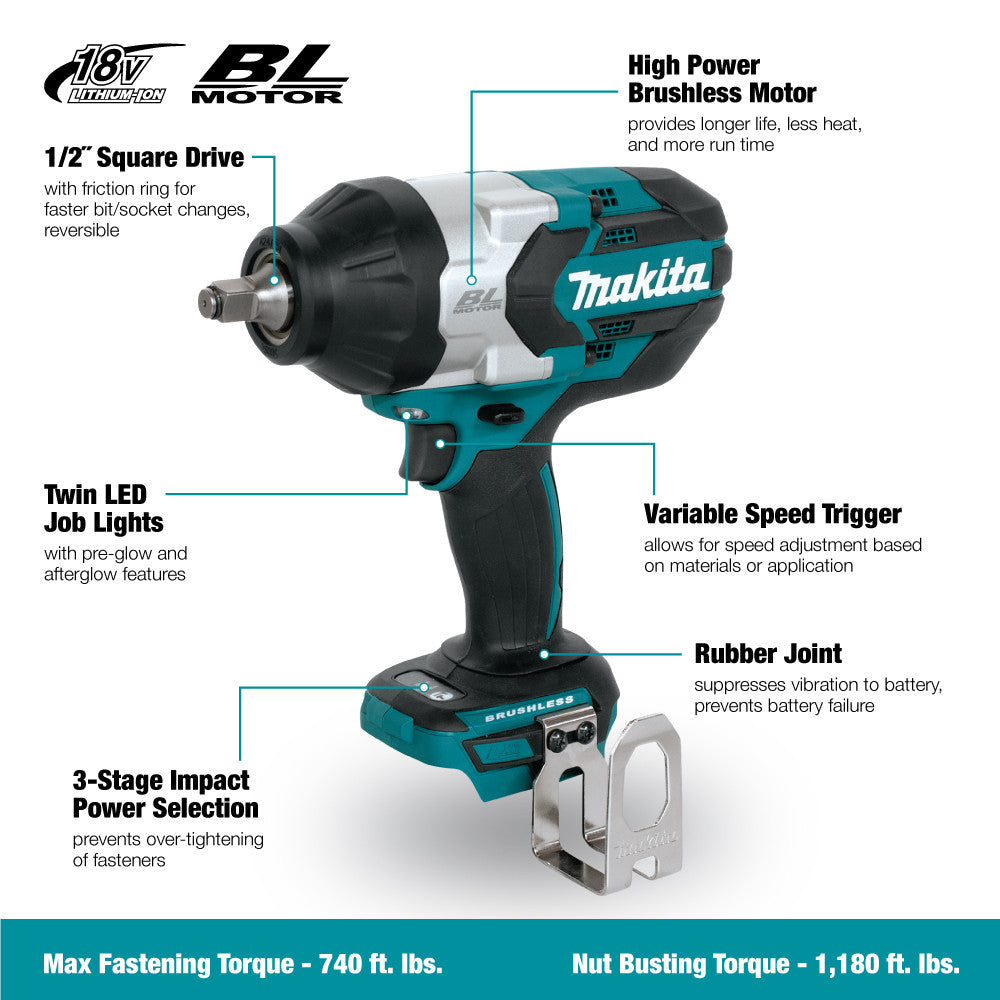 Makita DTW1002Z 18V Cordless High Torque 1/2 Inch Impact Wrench with Brushless Motor (Tool Only)