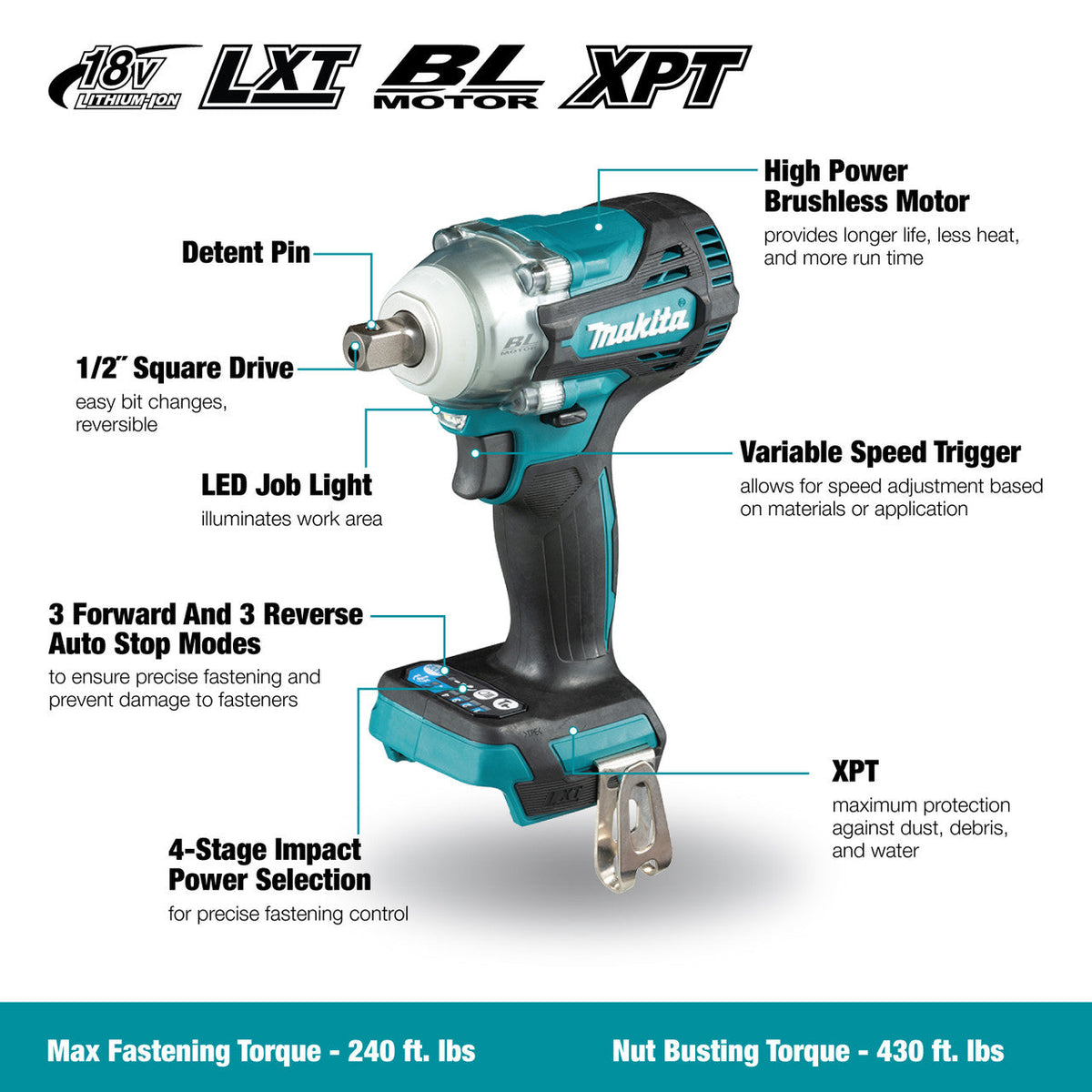 Makita DTW301XVZ 18V 1/2 Inch Brushless Impact Wrench with Detent Pin (Tool Only)