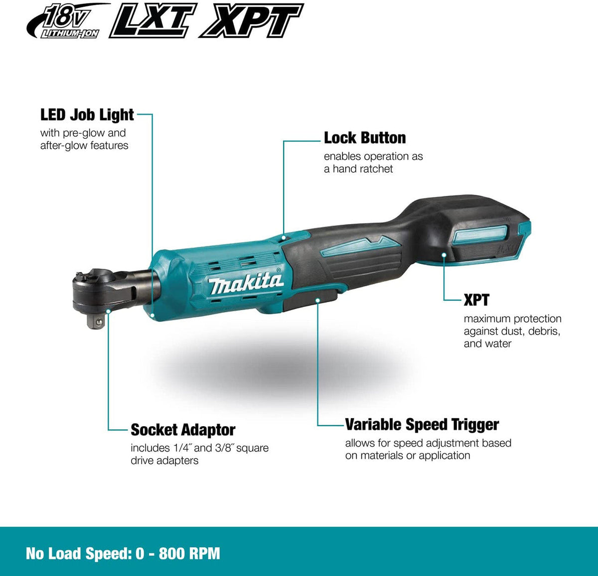 Makita DWR180Z 18V 1/4 Inch - 3/8 Inch Cordless Ratchet Wrench (Tool Only)