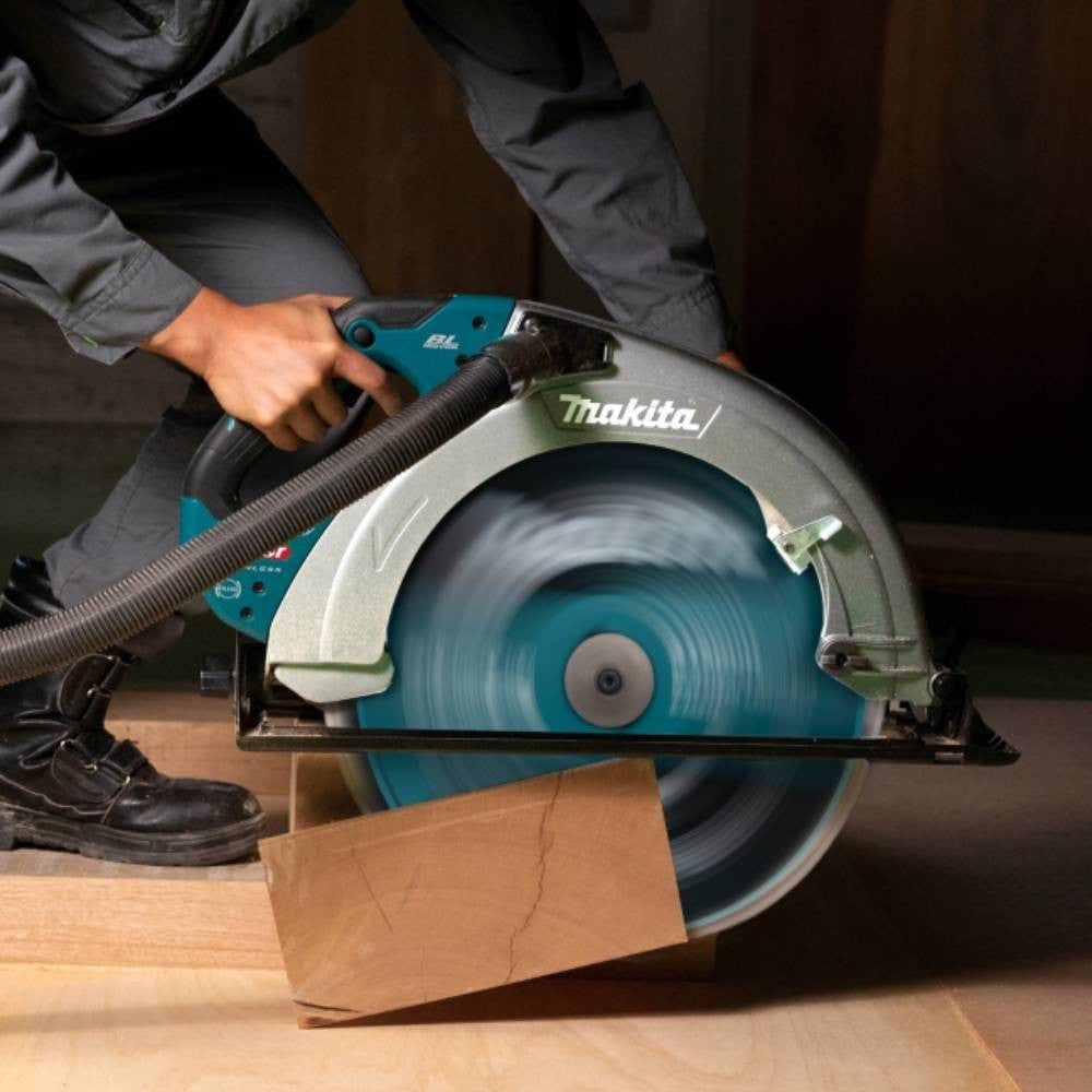 Makita HS013GZ 40V MAX XGT Cordless Brushless 16-5/16in Circular Saw (Tool Only) showing in use making a cross cut of a wood beam (Battery sold separately)