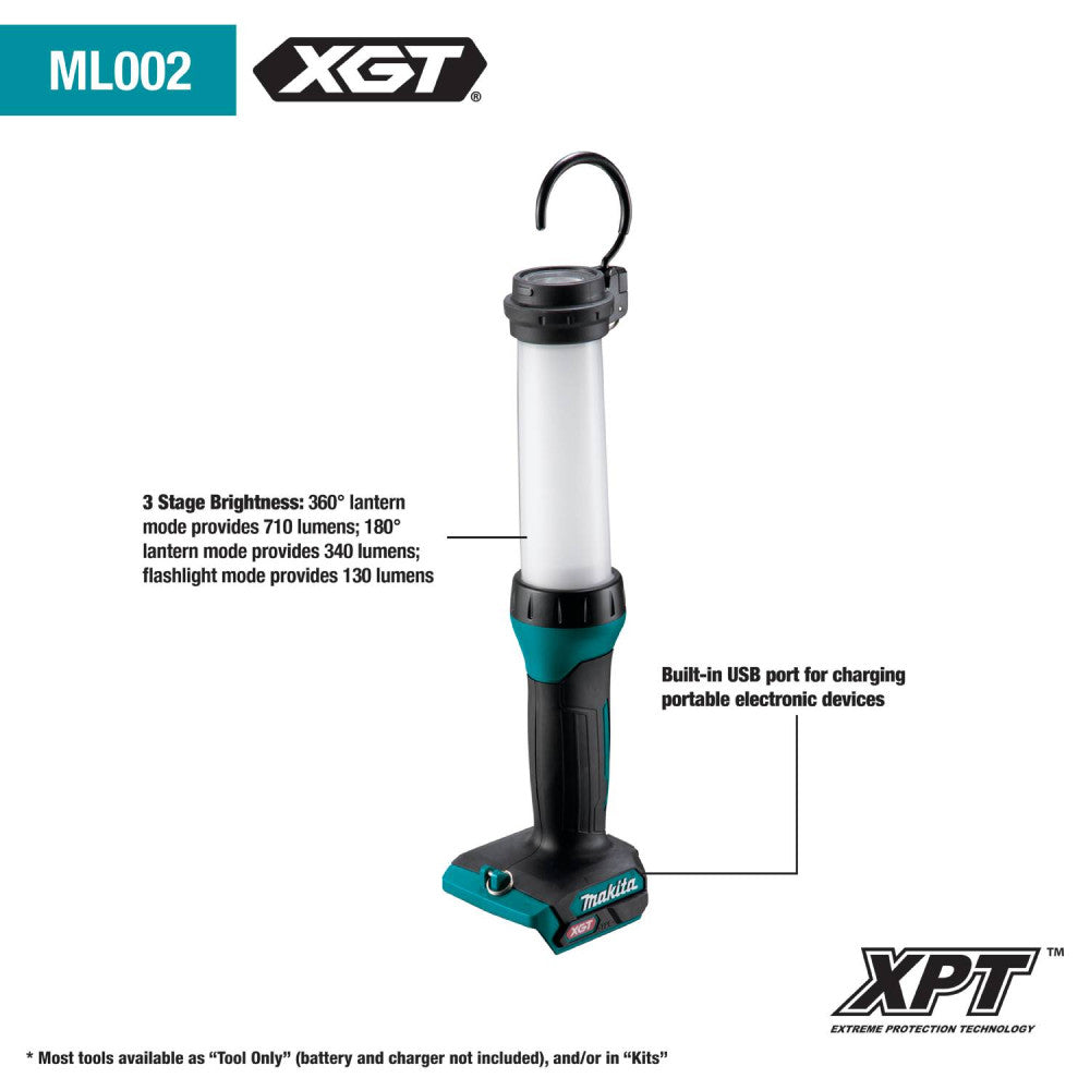 Makita ML002G 40V MAX XGT Cordless 710 Lumen LED Worklight feature diagram