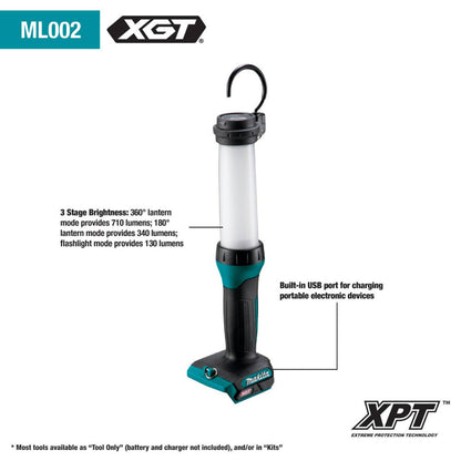 Makita ML002G 40V MAX XGT Cordless 710 Lumen LED Worklight feature diagram