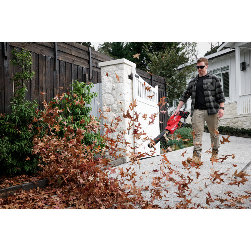 Milwaukee 2824-20 M18 FUEL Cordless Brushless Dual Battery Blower clearing leaves (Tool Only)