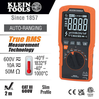 Klein Tools MM450 600V TRMS Auto-Ranging Slim Digital Multimeter showing reading capability