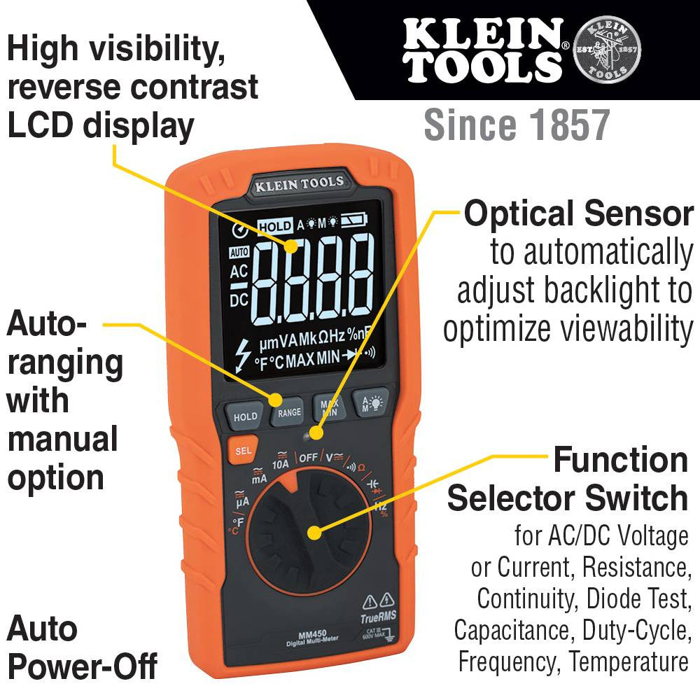 Klein Tools MM450 600V TRMS Auto-Ranging Slim Digital Multimeter showing features