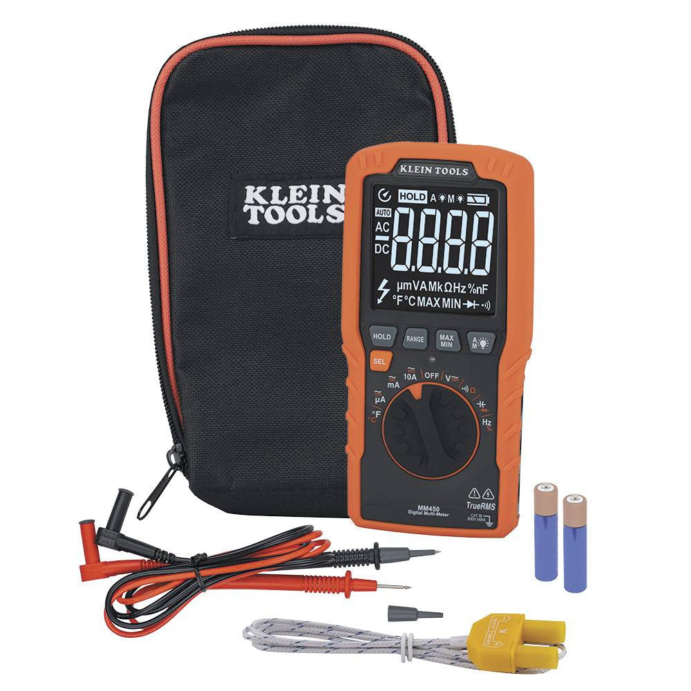 Klein Tools MM450 600V TRMS Auto-Ranging Slim Digital Multimeter showing inside of the kit box