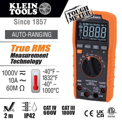Klein Tools MM720 1000V TRMS Auto-Ranging Digital Multimeter showing reading capability