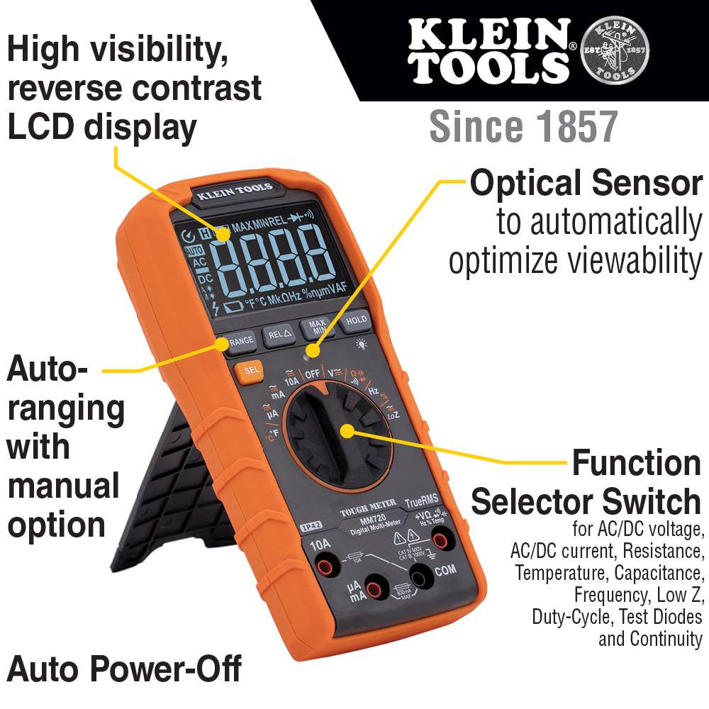 Klein Tools MM720 1000V TRMS Auto-Ranging Digital Multimeter showing features