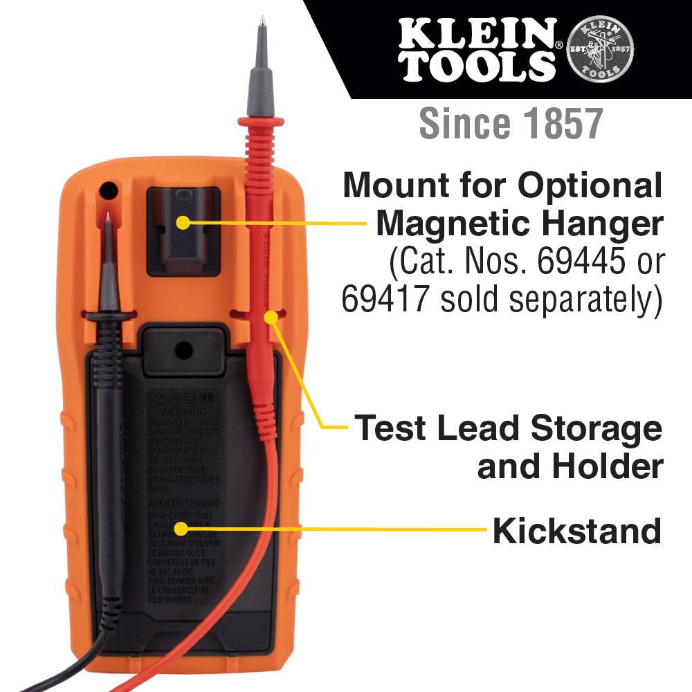 Klein Tools MM720 1000V TRMS Auto-Ranging Digital Multimeter showing features