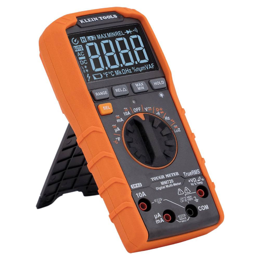 Klein Tools MM720 1000V TRMS Auto-Ranging Digital Multimeter showing with kickstand