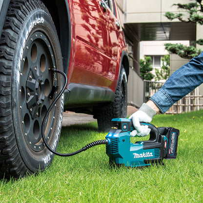 Makita MP001GZ 40V MAX XGT Cordless Inflator (Tool Only) showing in use inflating a vehicle tire