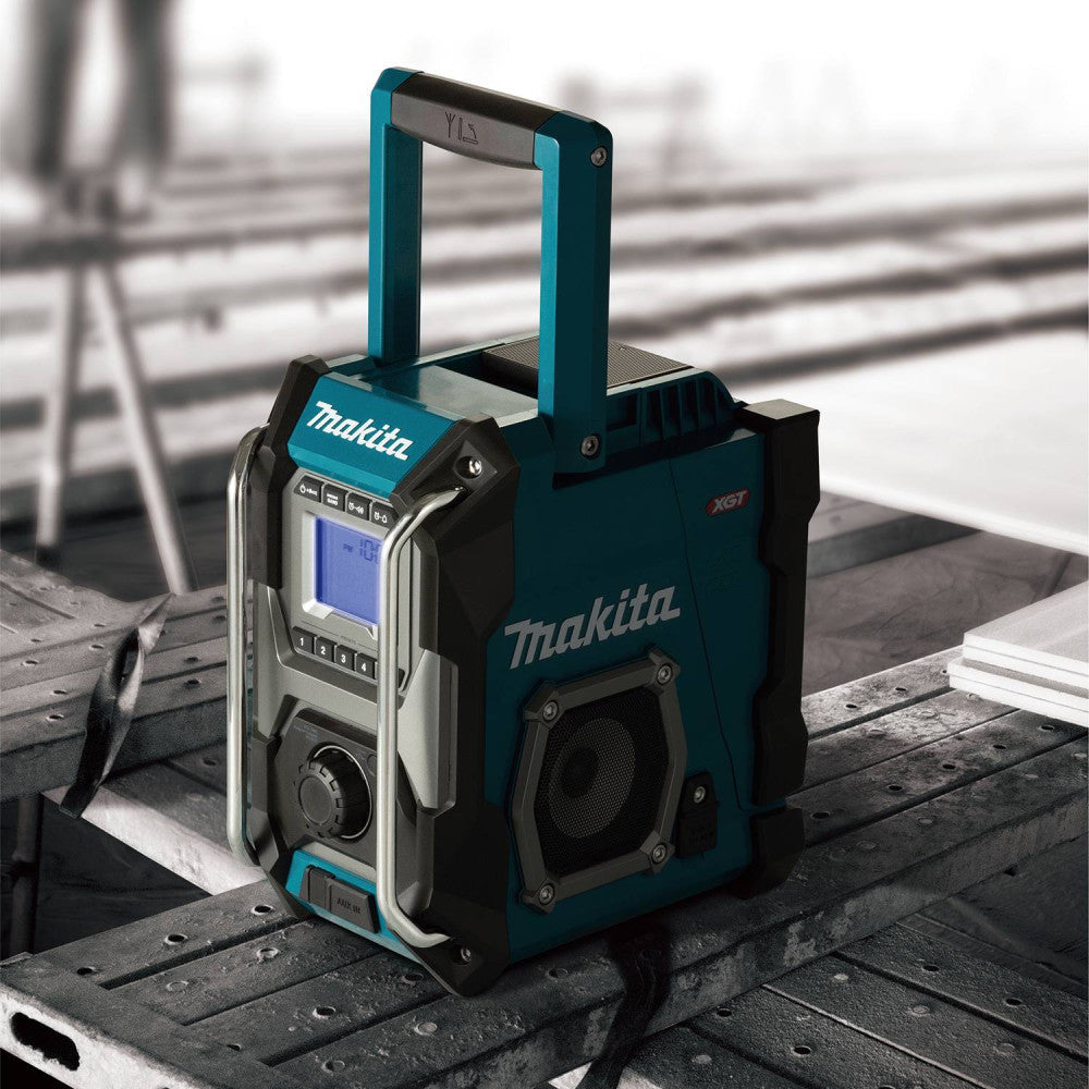 Makita MR001G 40V MAX XGT Cordless / Electric Jobsite Radio (Tool Only) showing in use on job sites playing the radio