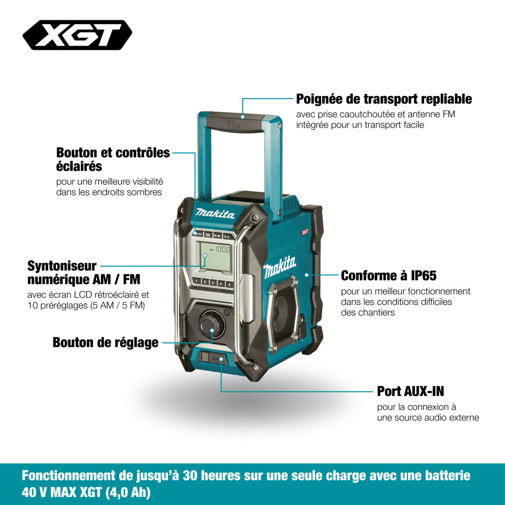 Makita MR001G 40V MAX XGT Cordless / Electric Jobsite Radio (Tool Only) showing features of the radio in French