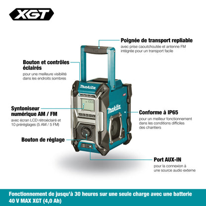 Makita MR001G 40V MAX XGT Cordless / Electric Jobsite Radio (Tool Only) showing features of the radio in French